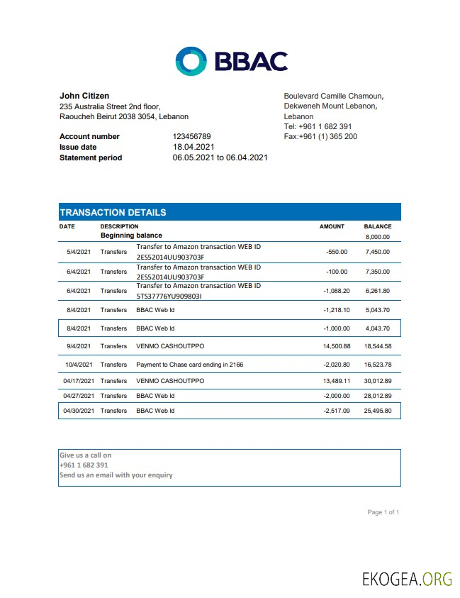 Relevé bancaire BBAC du Liban, modèle facile à remplir au format de fichier .xls et .pdf
